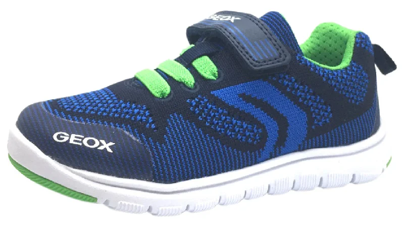 Geox Boy's Xunday Navy Blue Green Lightweight Textile Hook and Loop Strap Elastic Lace Sporty Low Top Breathable Sneaker