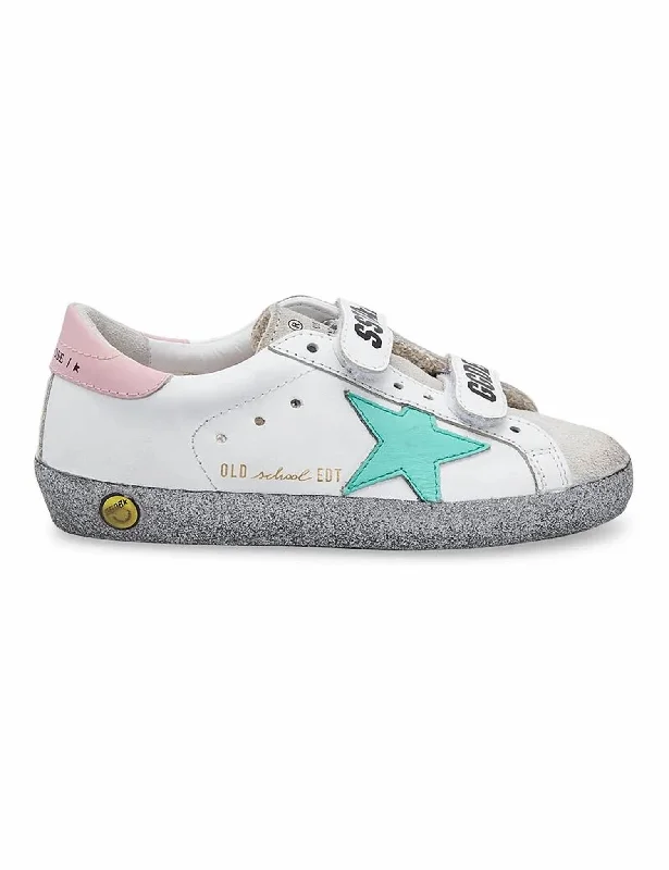 Girls Old School Leather Upper & Star Glitter Sole Shoes In White/ice/biscay Green/pink