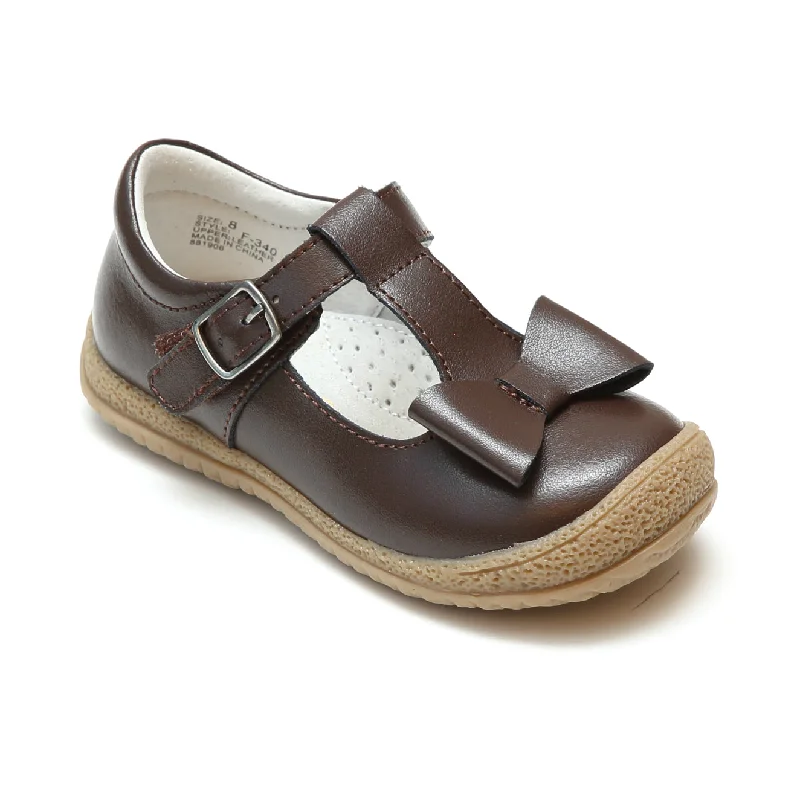 L'Amour Girls Brown T-Strap Bow Mary Janes