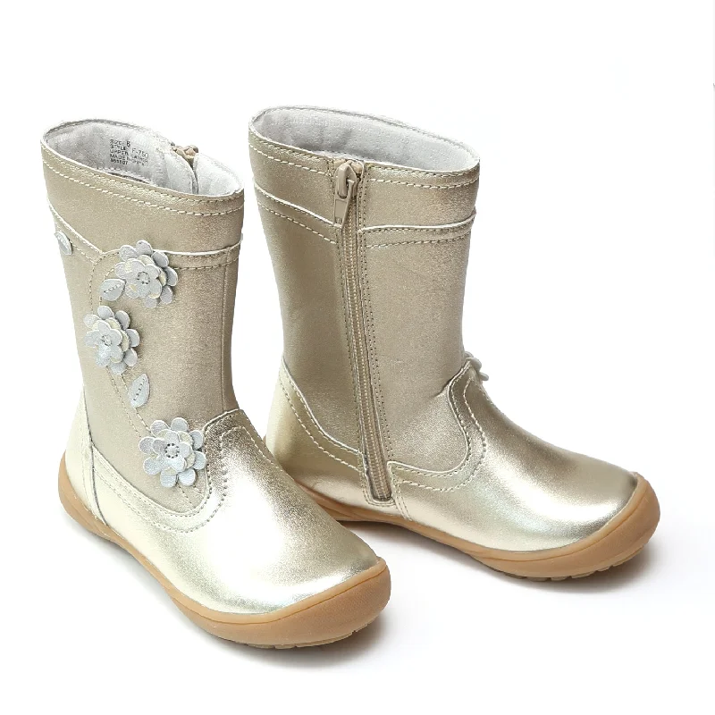 L'Amour Girls Leather Flower Mid Boots