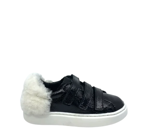 MAA Black Patent and White Fur Velcro Sneaker