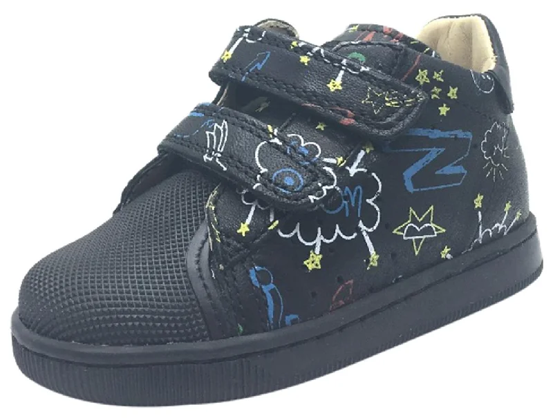 Naturino Boy's and Girl's 9121 Black Falcotto Star Space Planet Leather Hook and Loop Sneakers