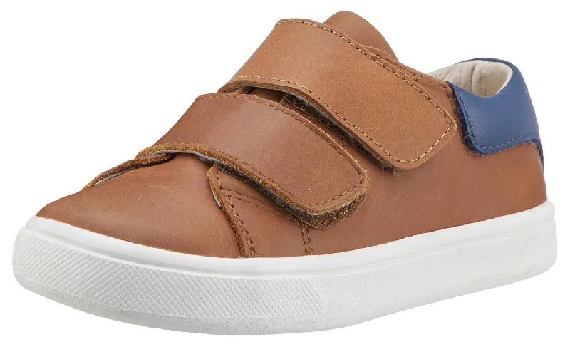 Old Soles Boy's & Girl's 6025 Cast Away Runner Tan with Denim Blue Back Piece Leather Bicolor Sneaker Shoe with Double Hook and Loop Straps