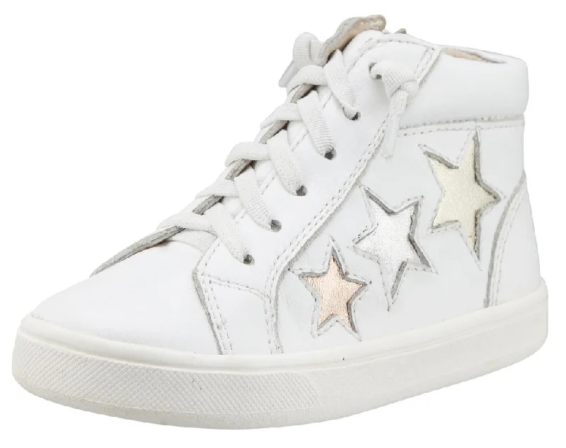 Old Soles Girl's and Boy's 6033 Stardom White Smooth Leather with Stars Elastic Lace Side Zipper High Top Sneaker