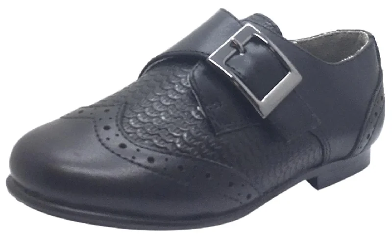 Venettini Boy's Marty Black Leather Basket Weave with Penguin Toe Single Hook and Loop Strap Oxford Loafer