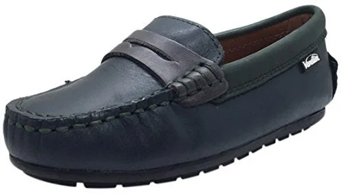 Venettini Boy's Savor Navy Green Leather Slip On Contrast Trim Moccasin Loafer