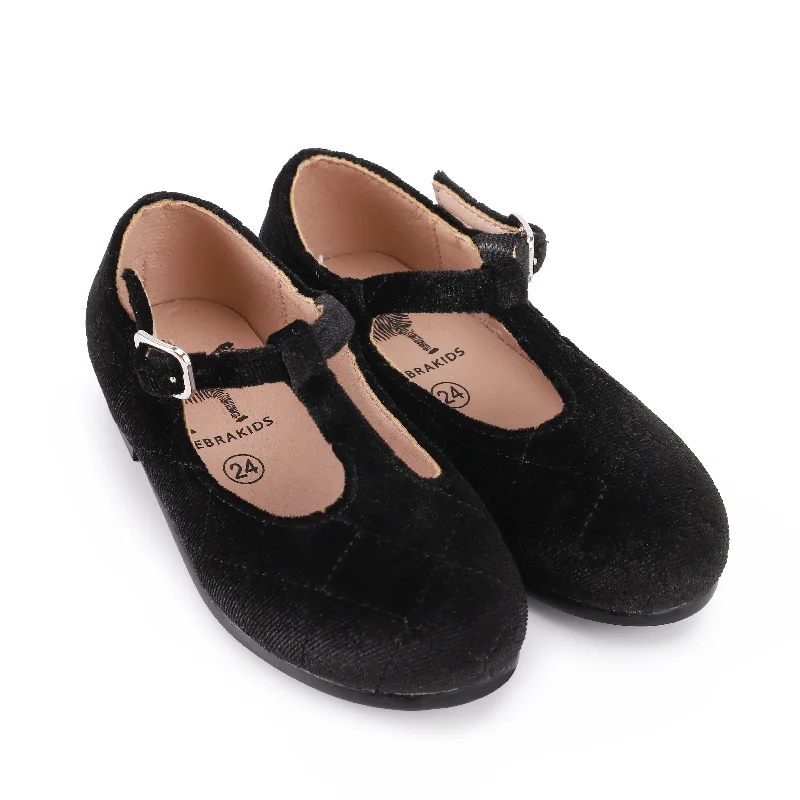 ZEEBRA BLACK QUILTED VELVET T-STRAP SHOES [FINAL SALE]